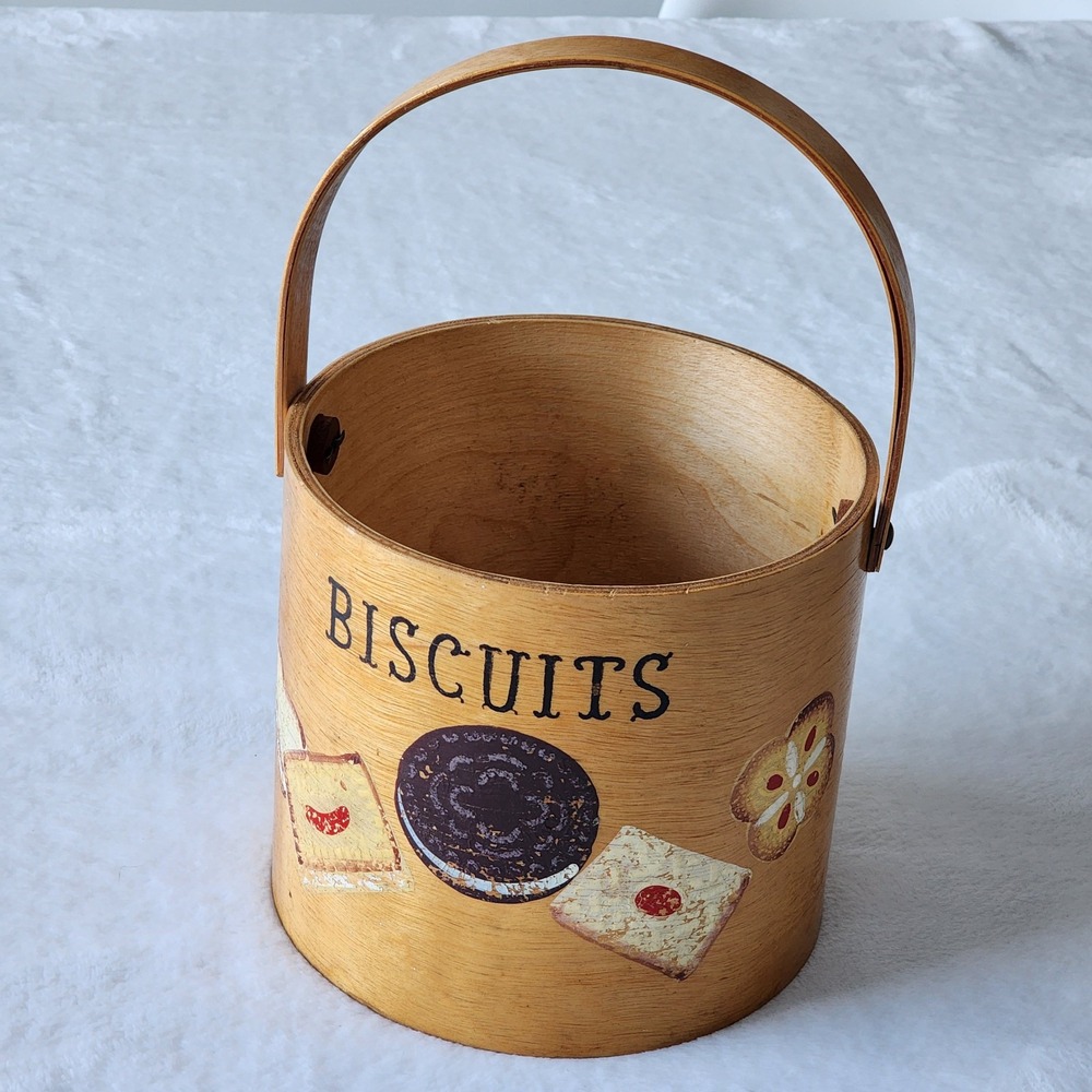 Vintage Wood‎ Biscuit Barrel Hand Painted Cookies Pail 50s Farmhouse Cottage MCM